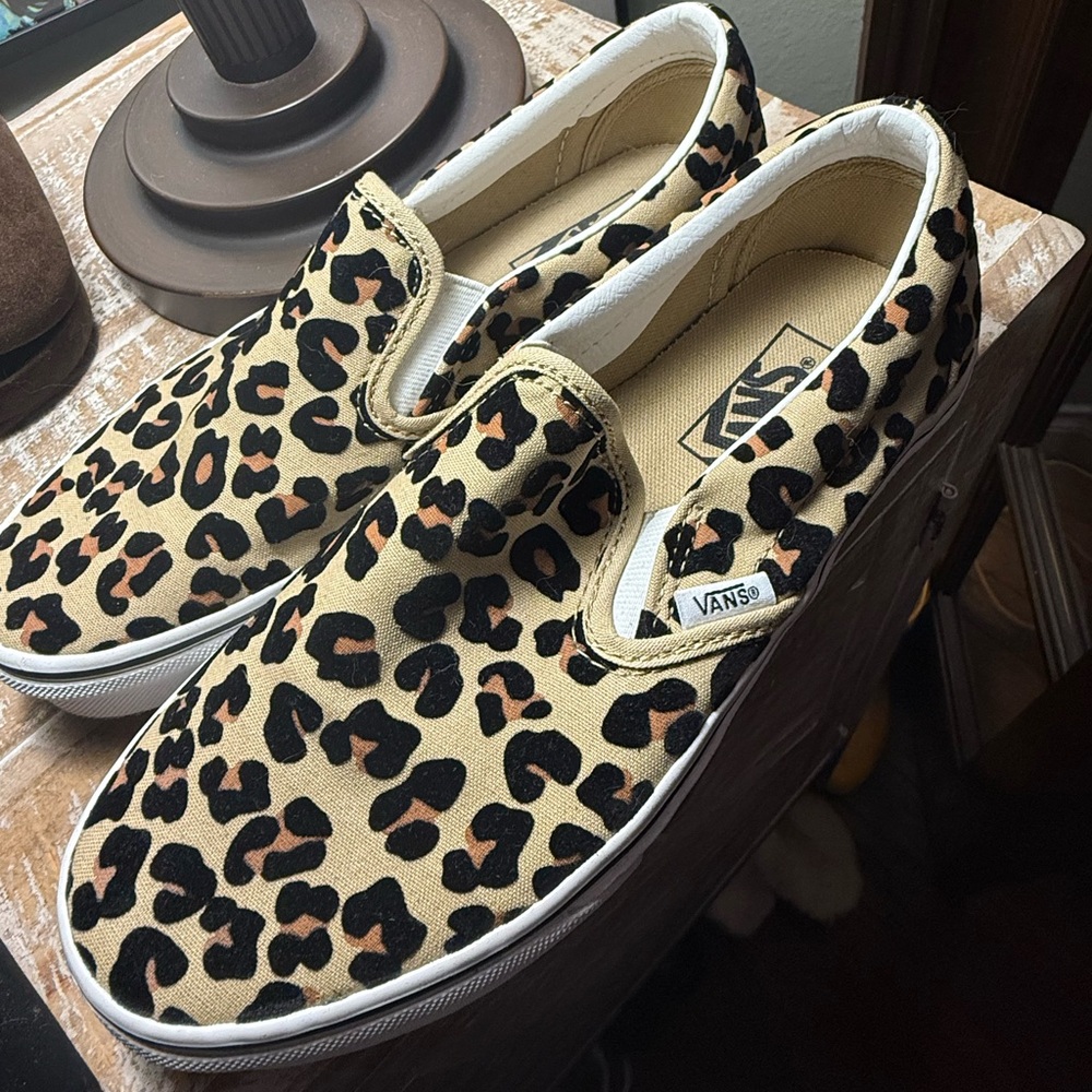 Vans Tan and Black Animal Print Slip-Ons